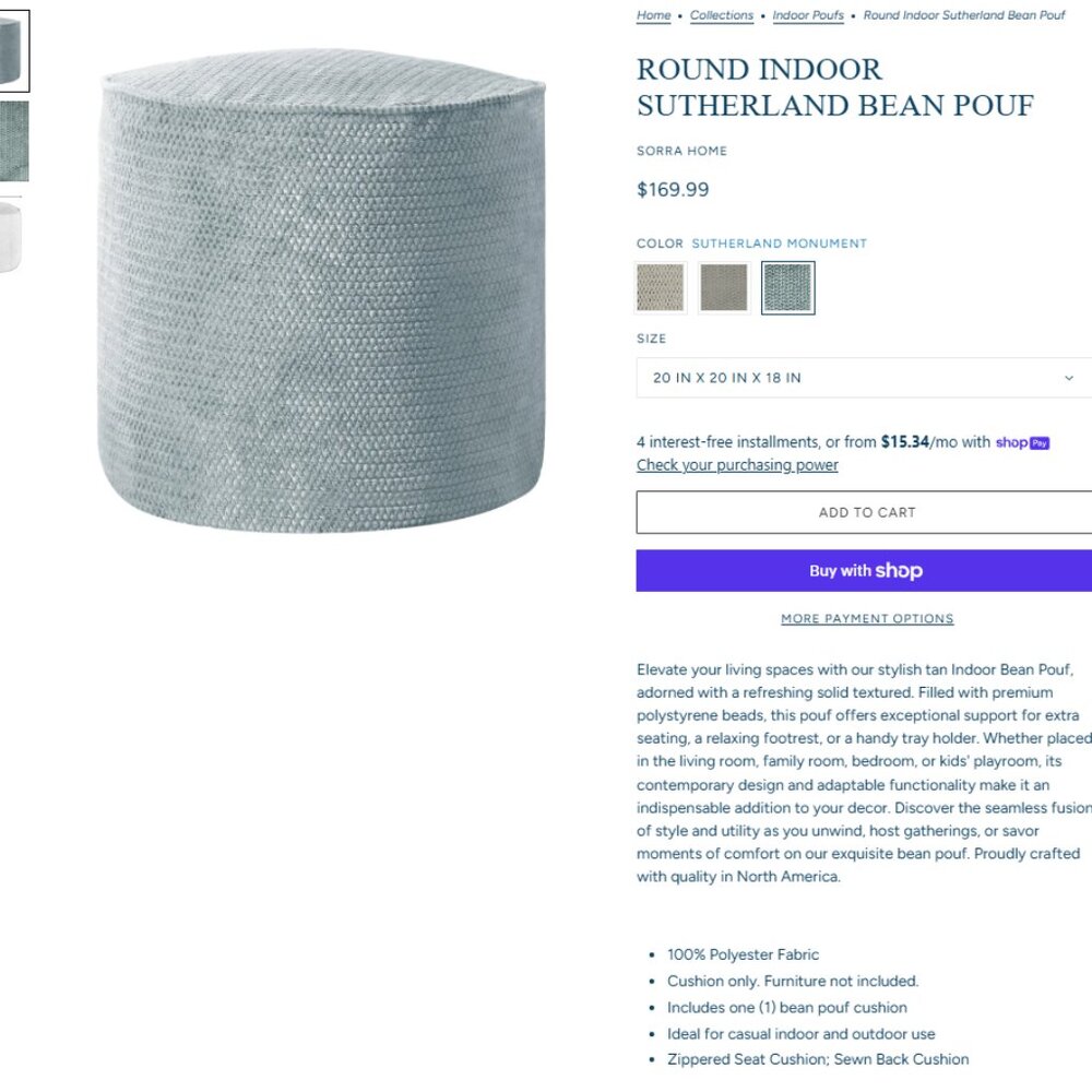 🪷NWOT Sorra Home Corded Pouf Cushion - Sutherland Moment 20x20x18 - Picture 3 of 7